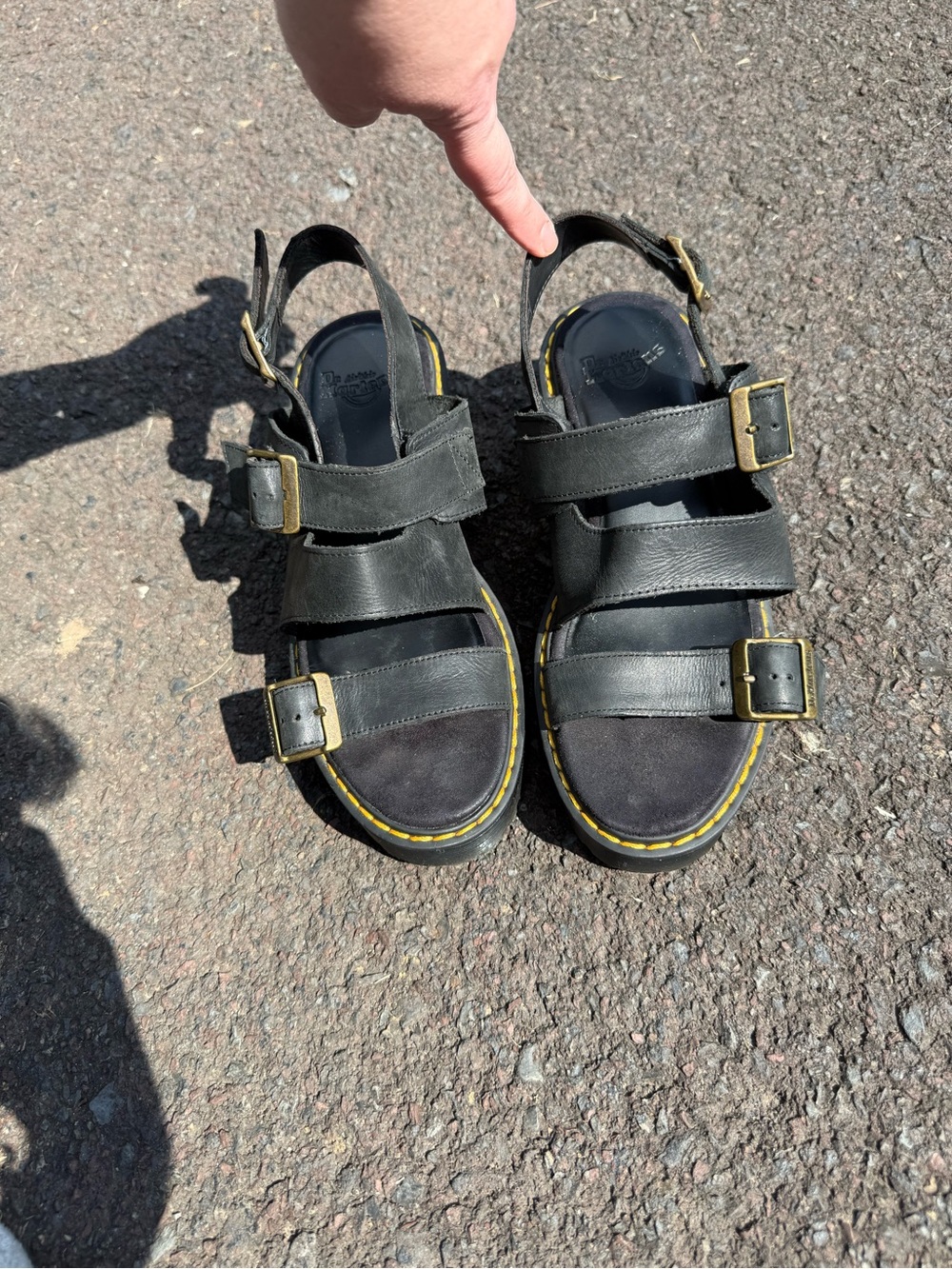 Dr. Martens Black Leather “Ariel” Buckle Sandals with Yellow Stitching